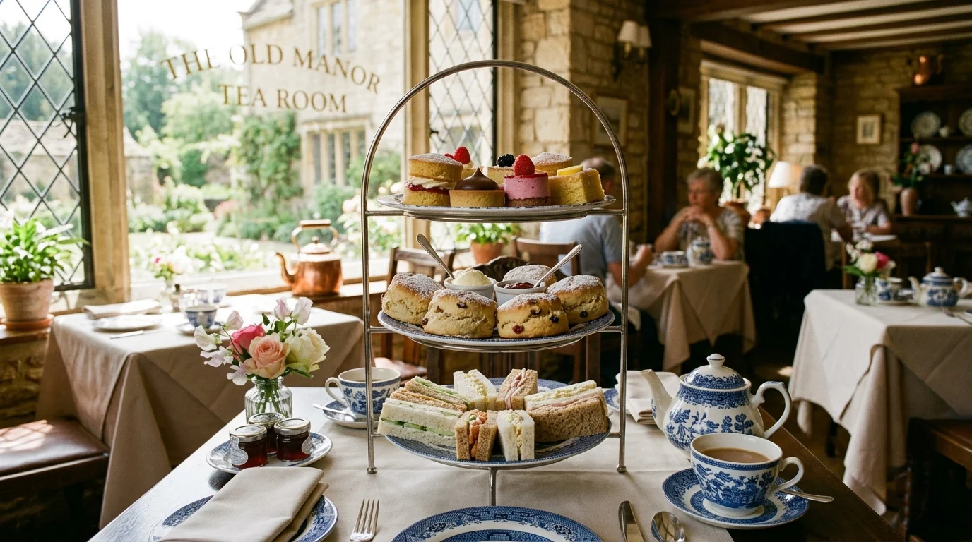 Three-tier afternoon tea stand with scones and sandwiches at a tea room near Bicester