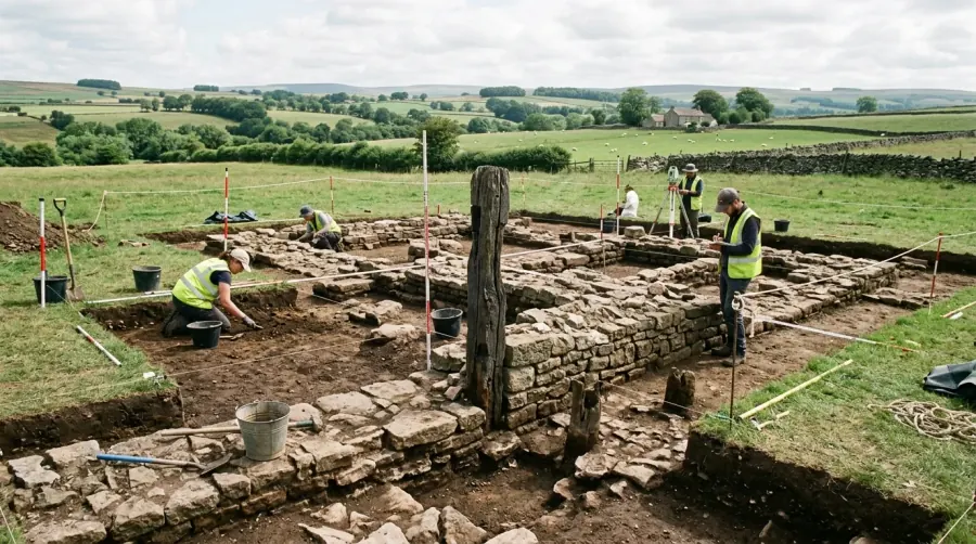 Archaeological excavation of stone foundations and wooden gatepost remains at Alchester Roman town