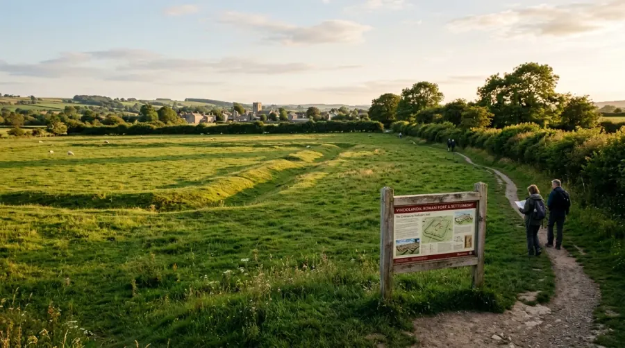 Green fields with earthwork outlines of the Alchester Roman fort site south of Bicester