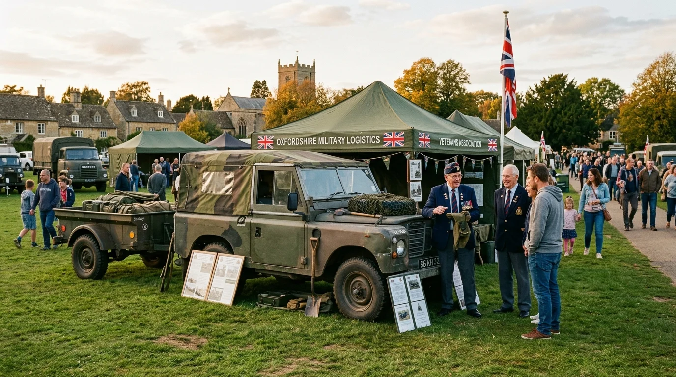 Veterans and community visitors admiring military logistics vehicles at Pingle Field in Bicester