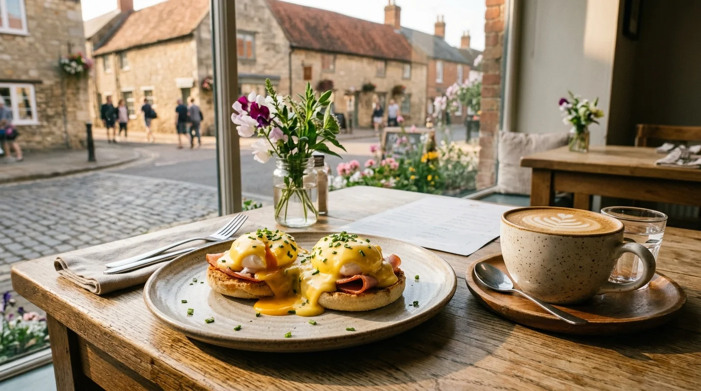 Fresh brunch plate with eggs Benedict and coffee at a bright cafe table in Bicester