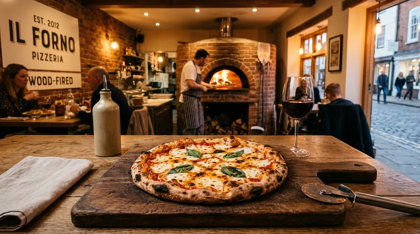 Freshly baked wood-fired pizza on a rustic board at an Italian restaurant in Bicester
