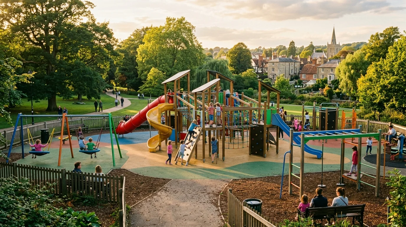 Colourful adventure playground with climbing frames in a Bicester park