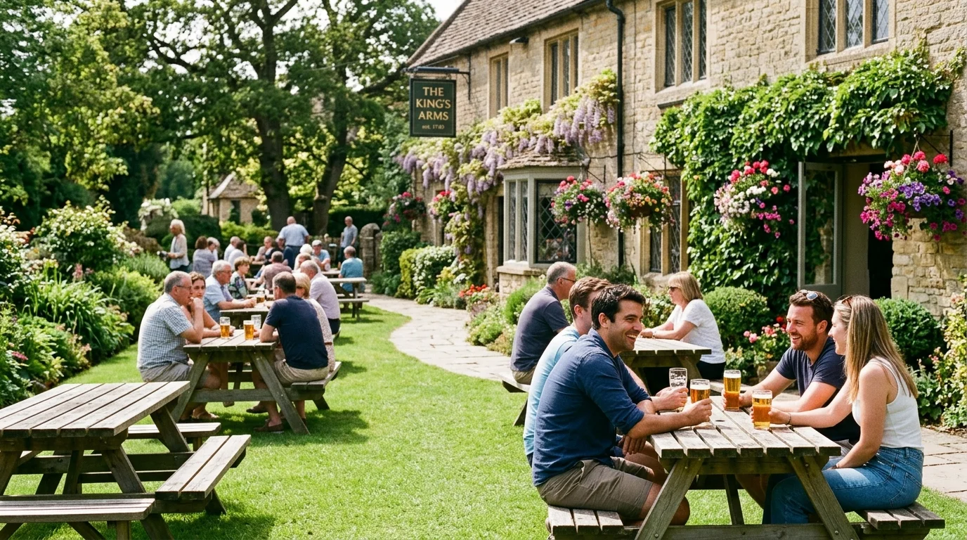 Spacious pub beer garden with wooden picnic tables and umbrellas in Bicester Oxfordshire