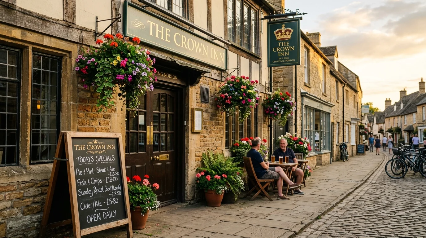 Traditional English pub with hanging flower baskets on a sunny street in Bicester, Oxfordshire