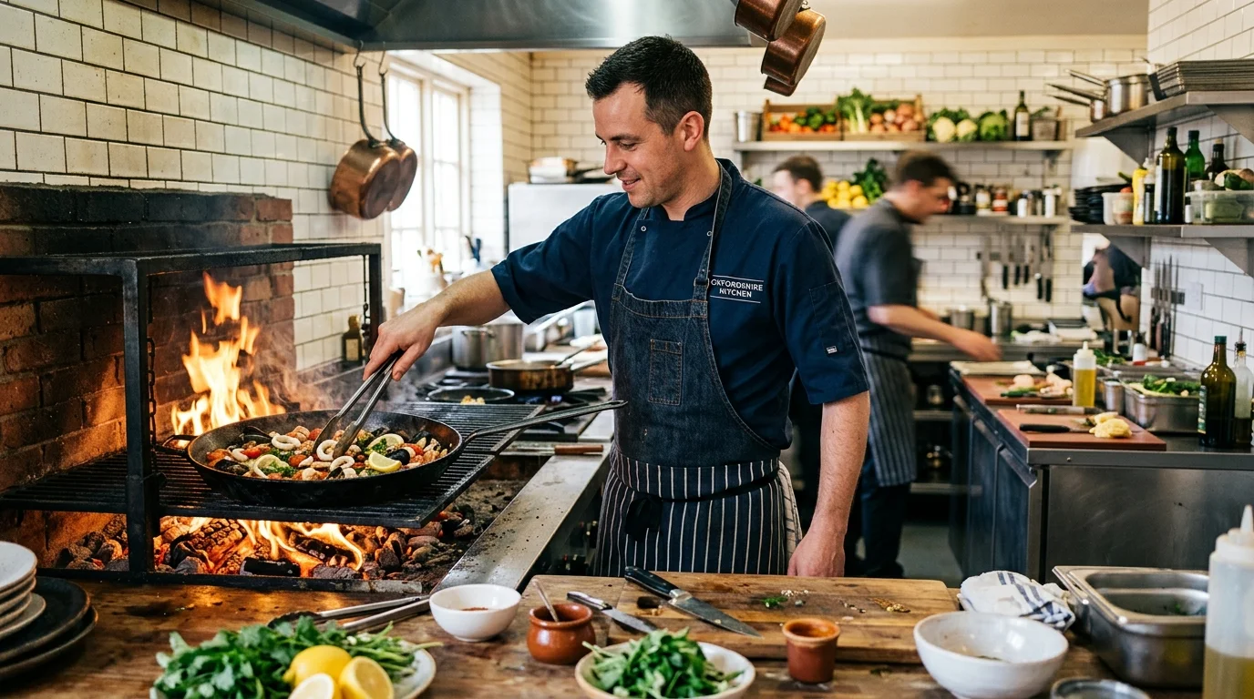 Chef preparing fresh Mediterranean seafood dish over open flames in a Bicester town centre restaurant