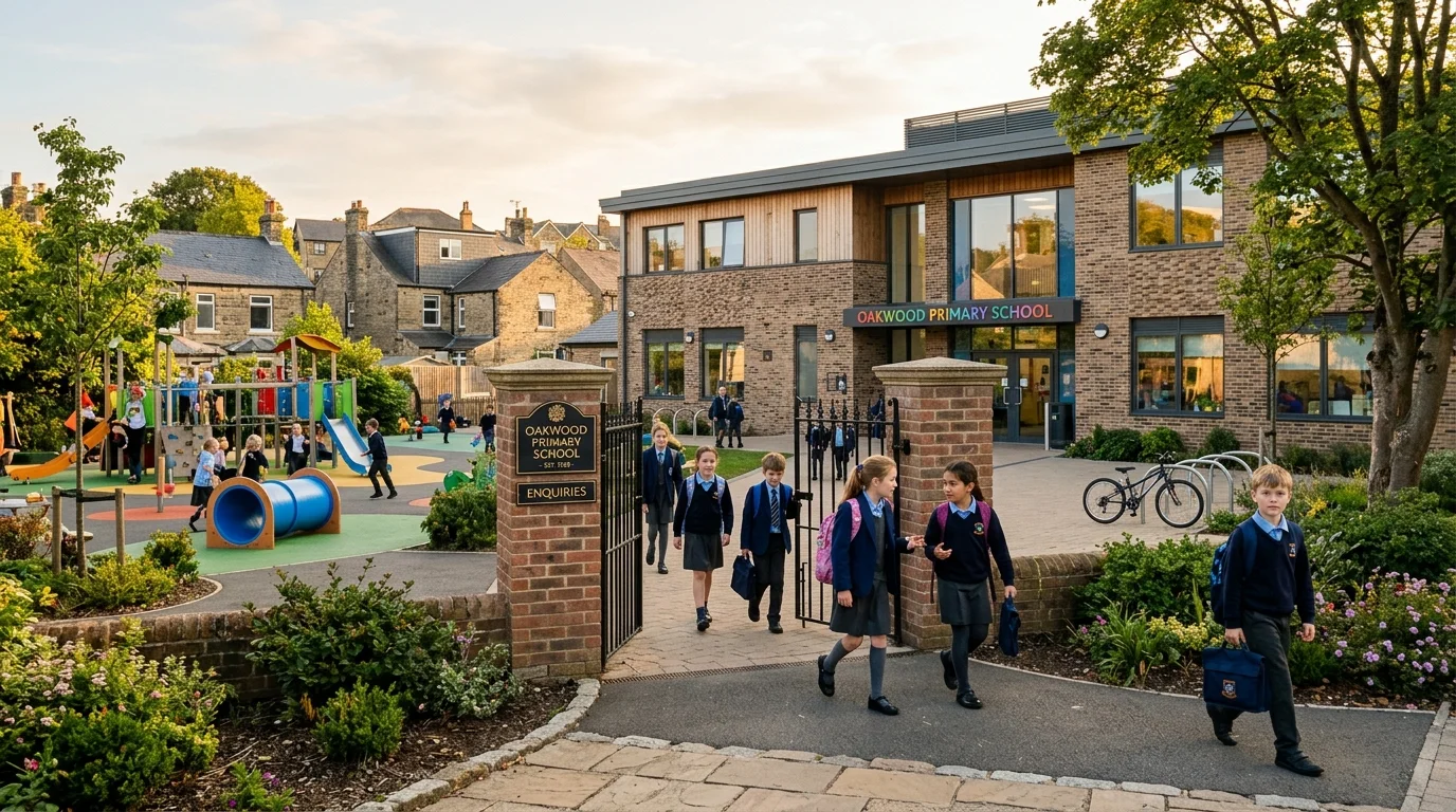 Modern primary school entrance with colourful playground in Bicester