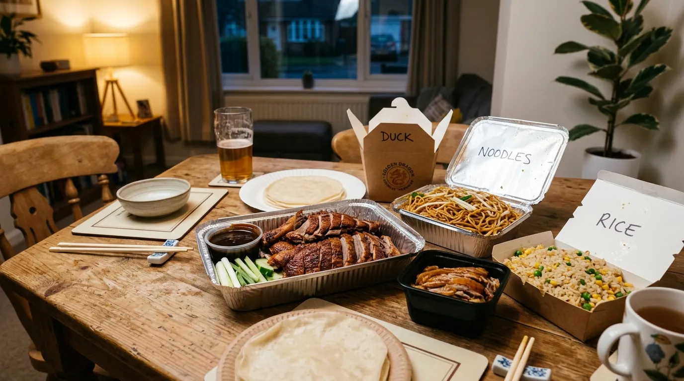 A spread of authentic Chinese takeaway containers on a wooden table in Bicester