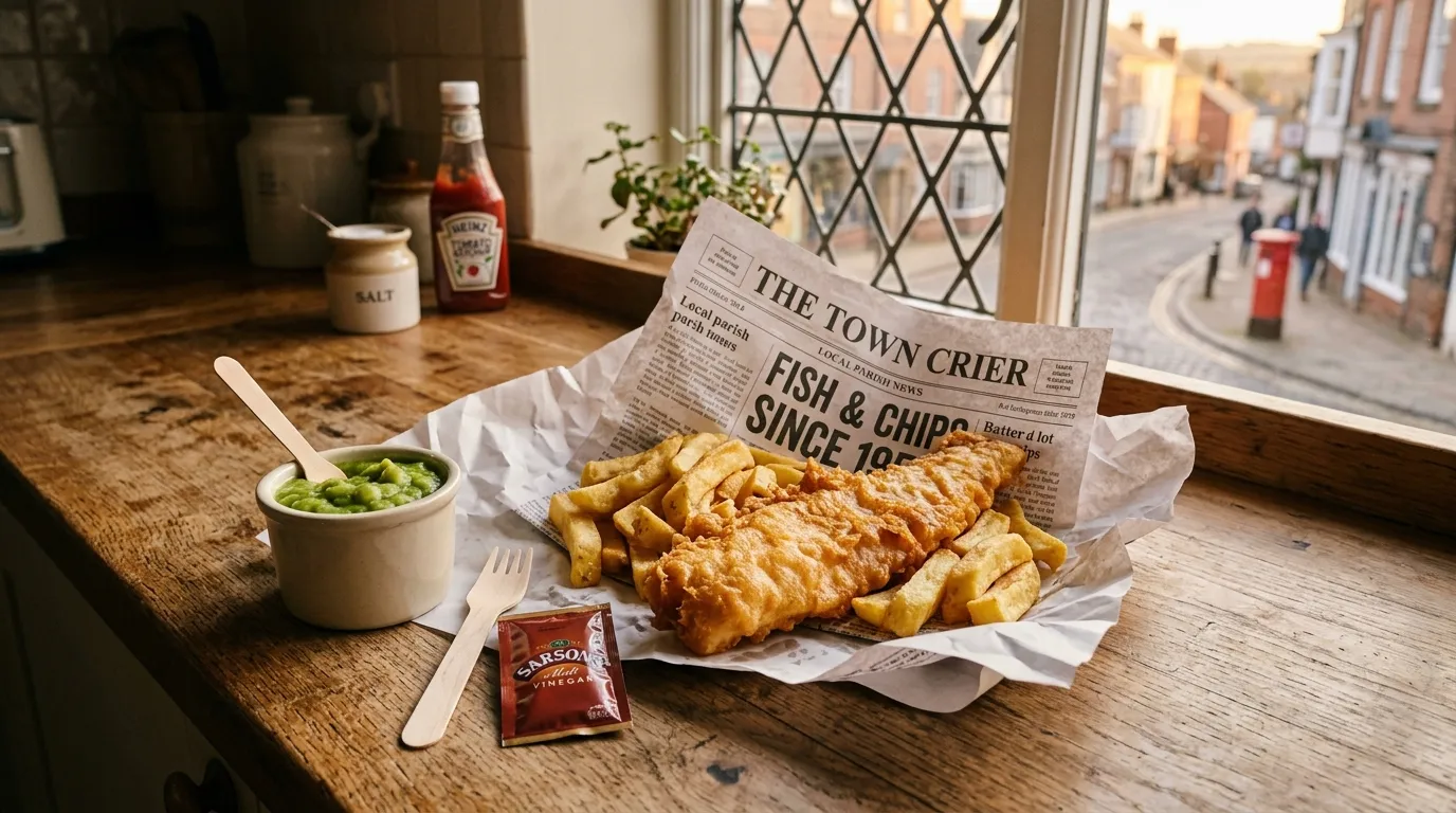 Traditional fish and chips takeaway on a kitchen counter in Bicester