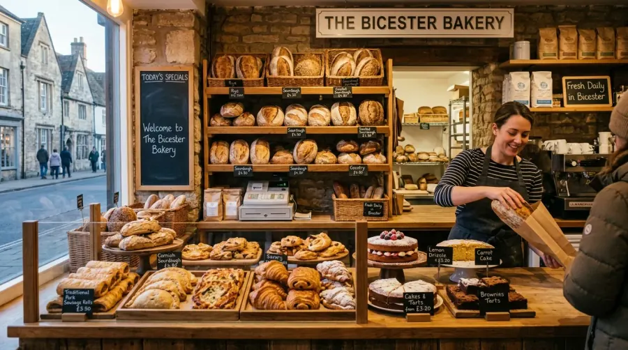 Freshly baked sourdough bread and traditional pastries on display at a local family bakery in Bicester