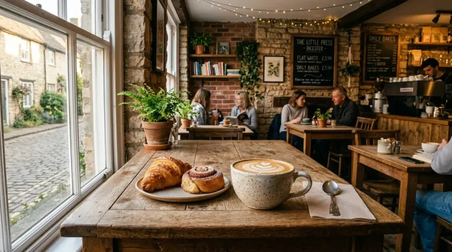 Handcrafted flat white coffee in a ceramic cup on a wooden table inside a cozy Bicester cafe