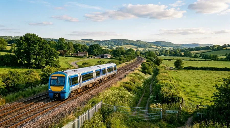 A modern passenger train passing through the green countryside near Bicester