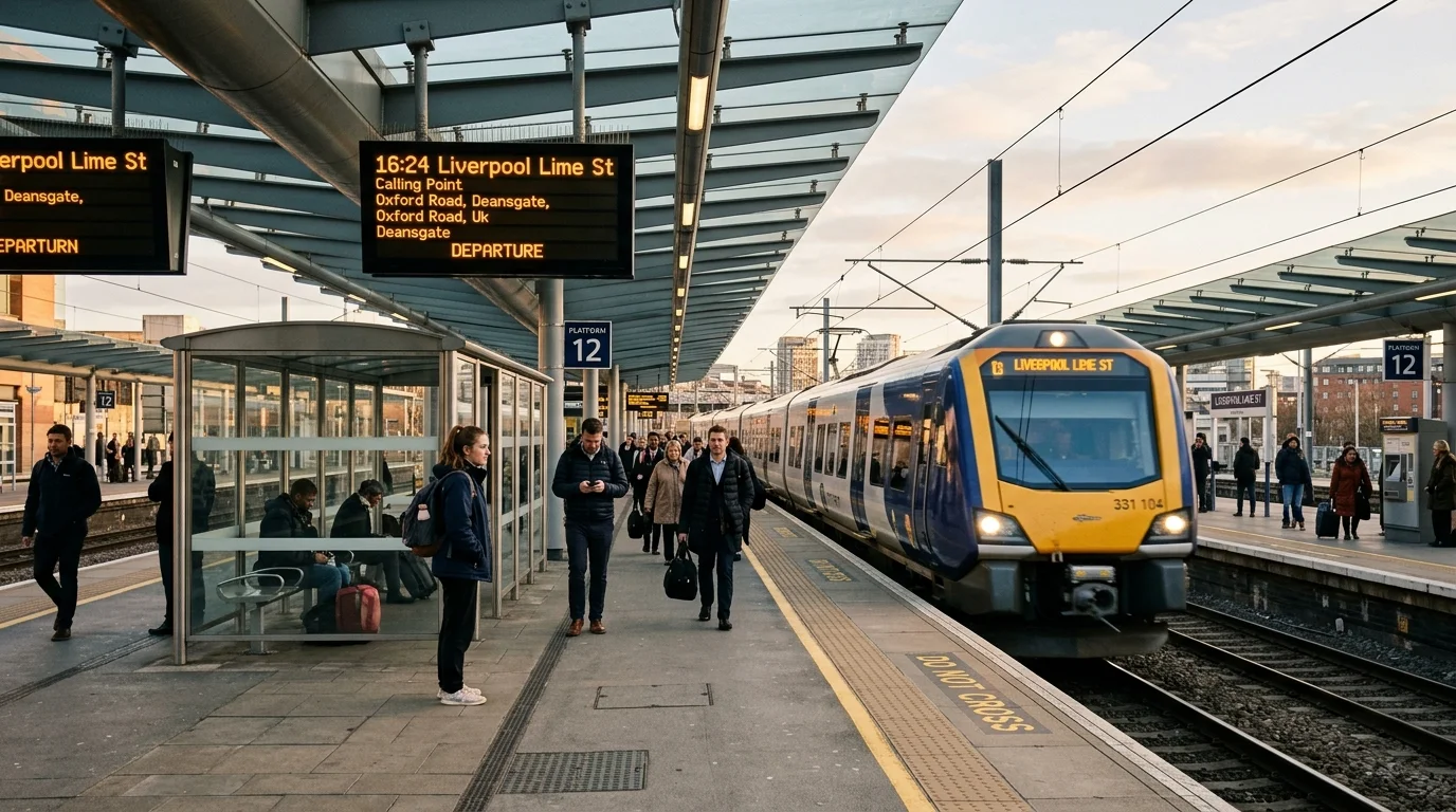 Modern UK railway station platform with electronic departure screens, covered waiting shelters, passengers and a train arriving