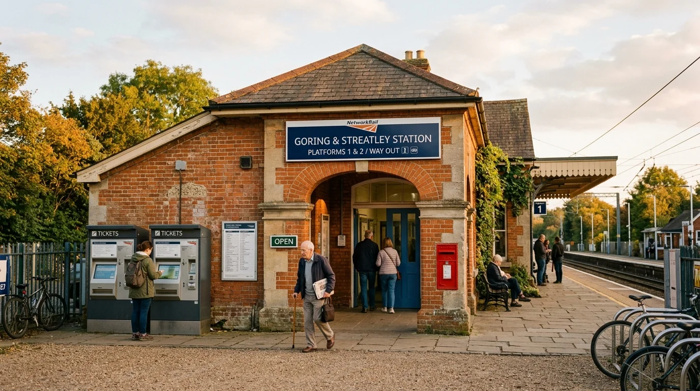 Entrance to Bicester North station with signage and ticket machines