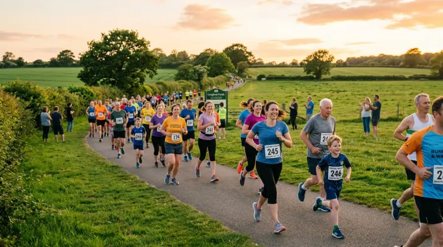 Local runners and walkers participating in Bicester parkrun at Langford Fields during golden hour