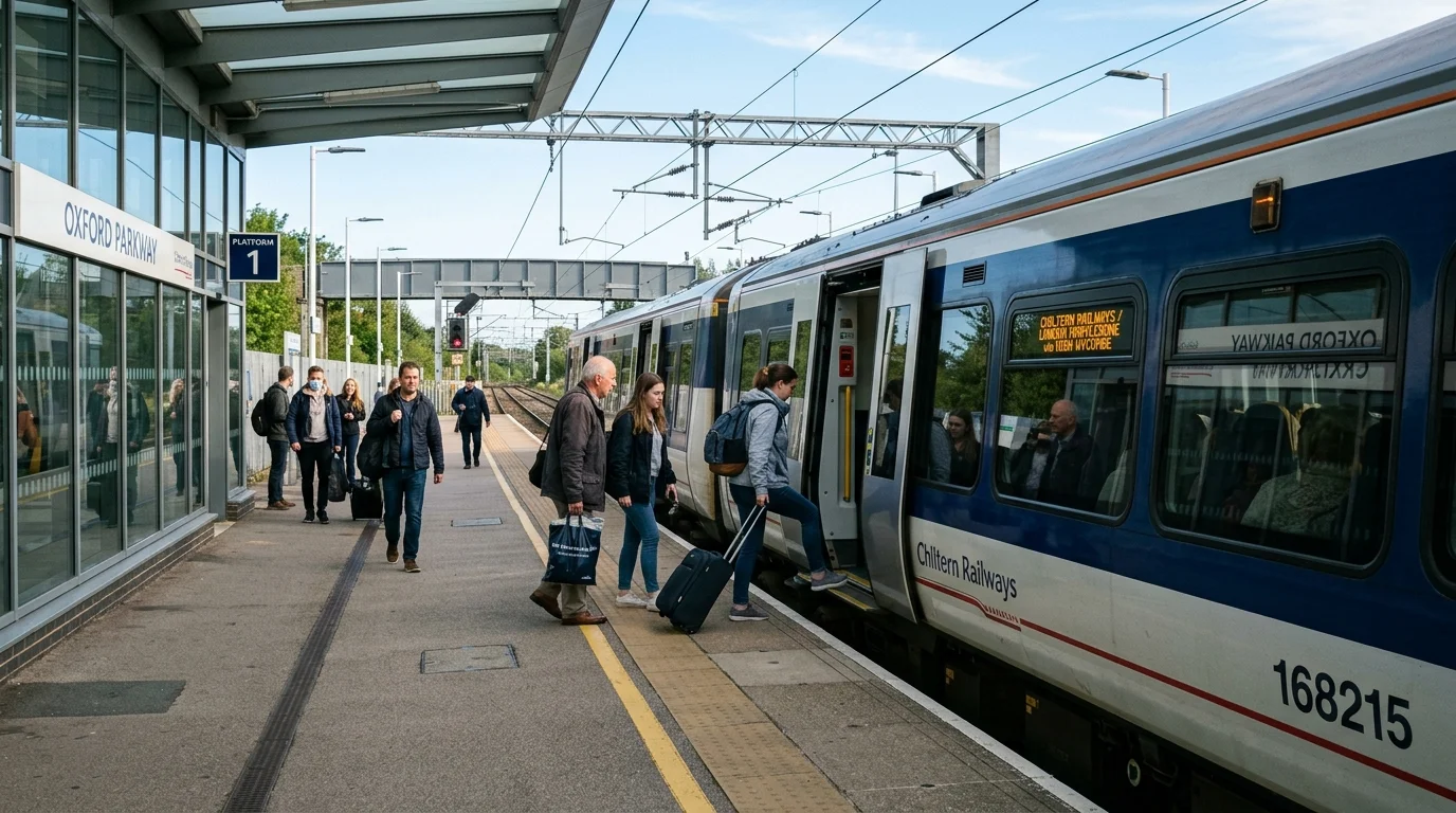 Passengers boarding a Chiltern Railways train at Oxford Parkway station
