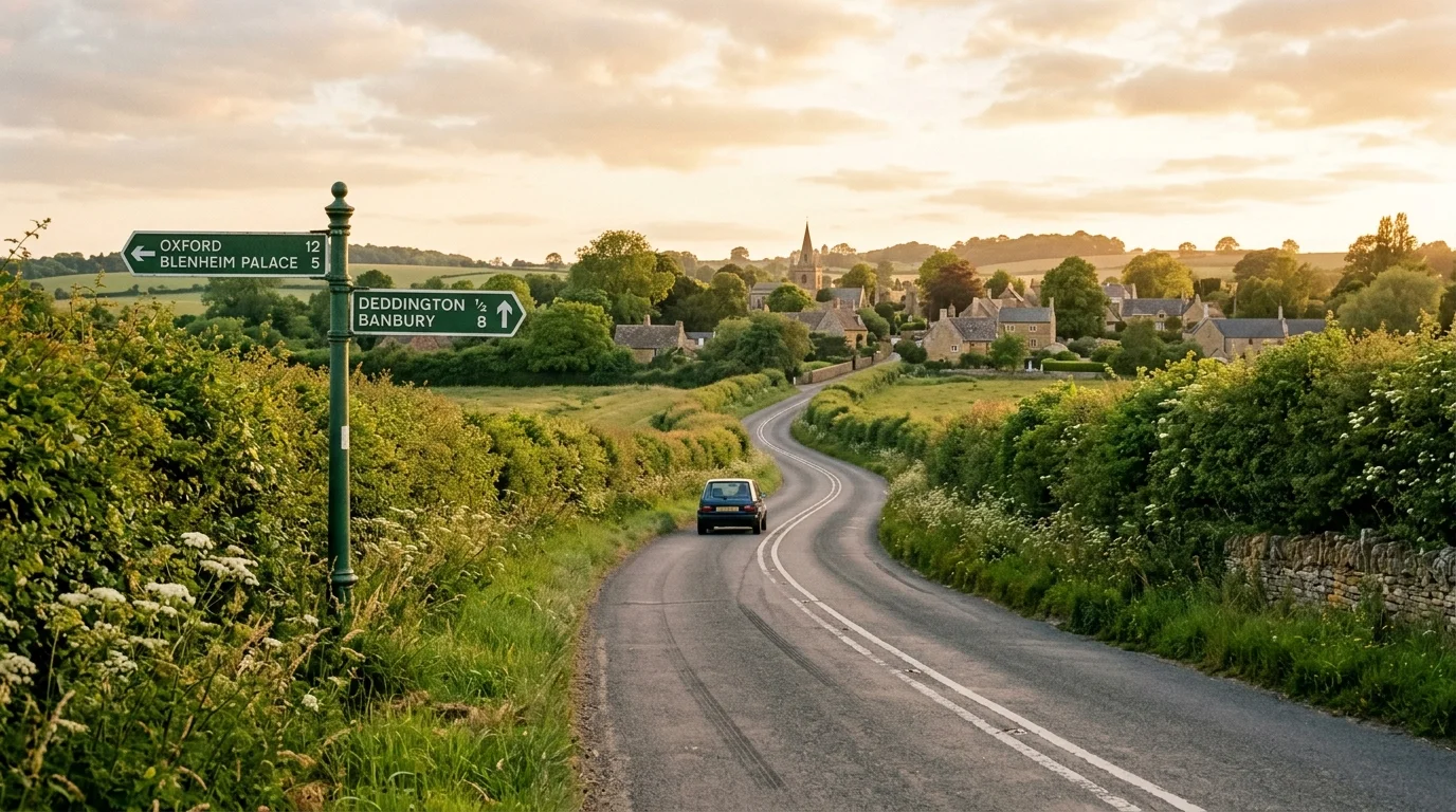 Road through Oxfordshire countryside between Bicester and Oxford