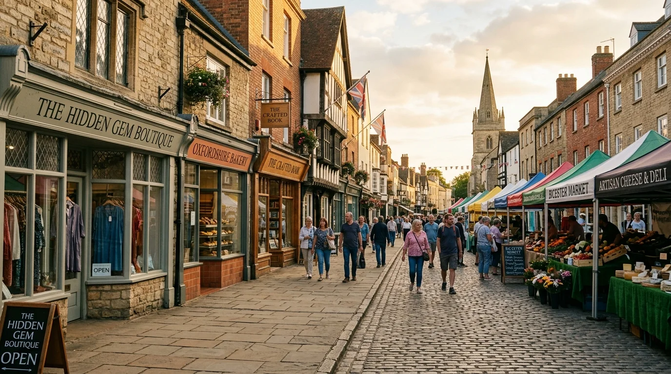 Pedestrianised Sheep Street independent storefronts and market stalls in Bicester town centre