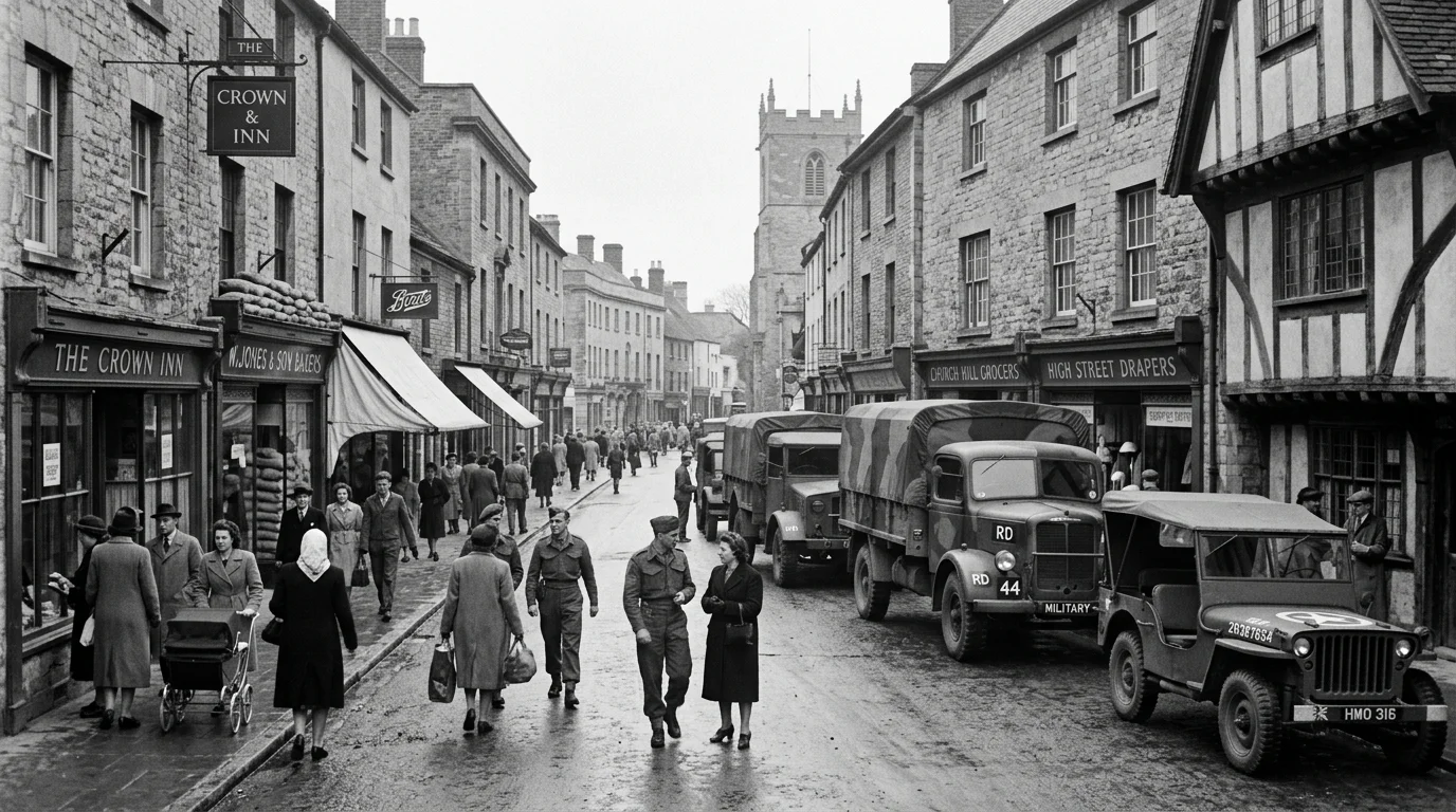 Historic view of Bicester town centre during the Second World War era