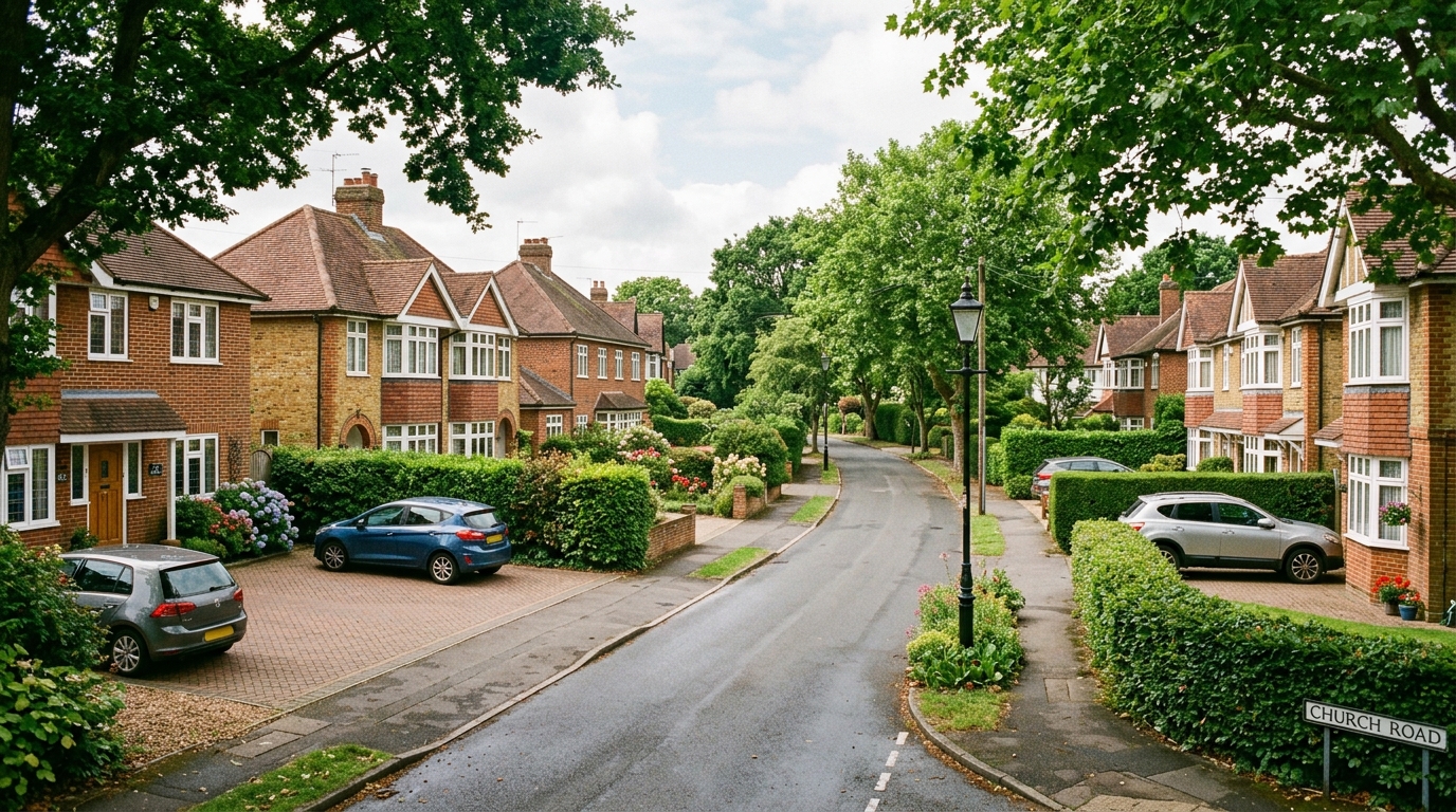 Leafy residential street in Highfield Bicester showing suburban houses and neat gardens