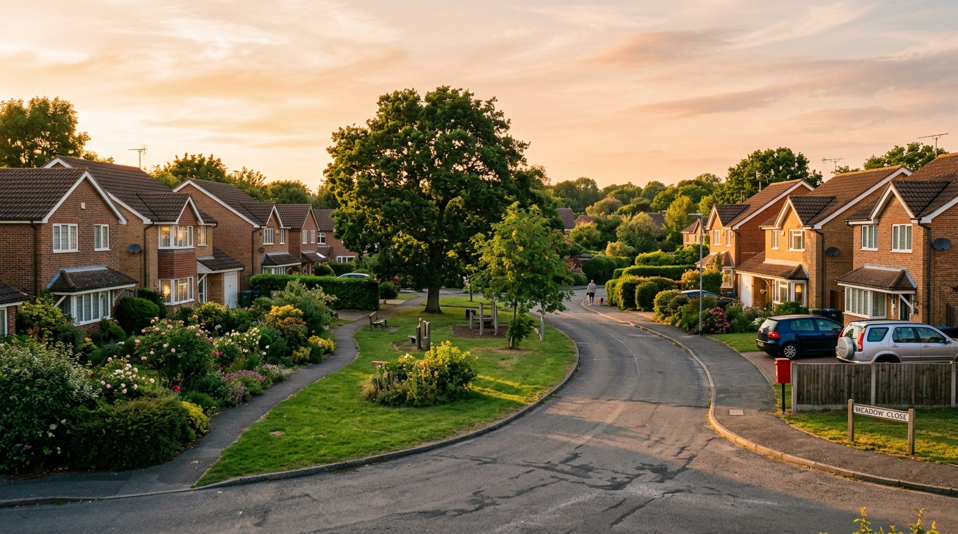 Quiet residential street with mature gardens in Bure Park, Bicester