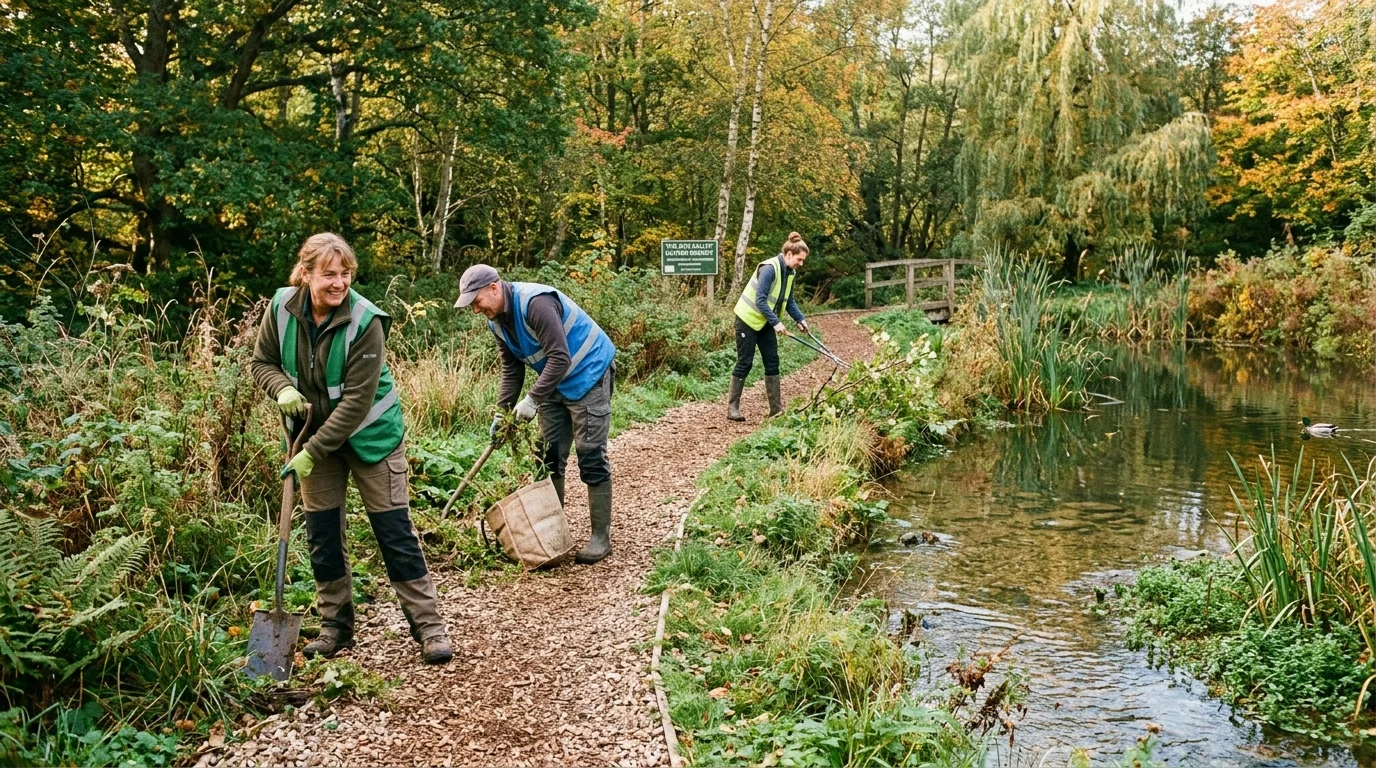 Bicester Green Gym volunteers maintaining footpaths and clearing scrub at Bure Park Nature Reserve