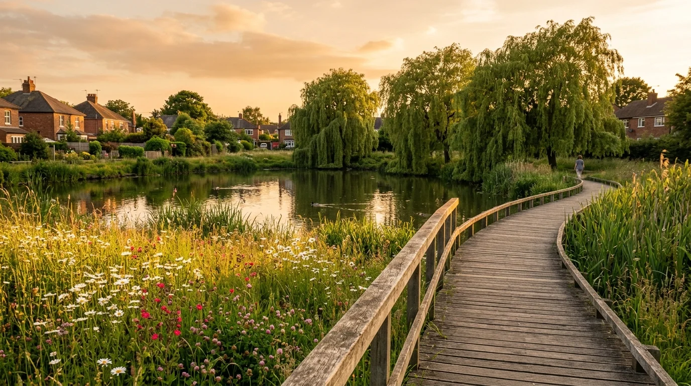 Wildflower meadow and pond at Bure Park nature reserve in Bicester