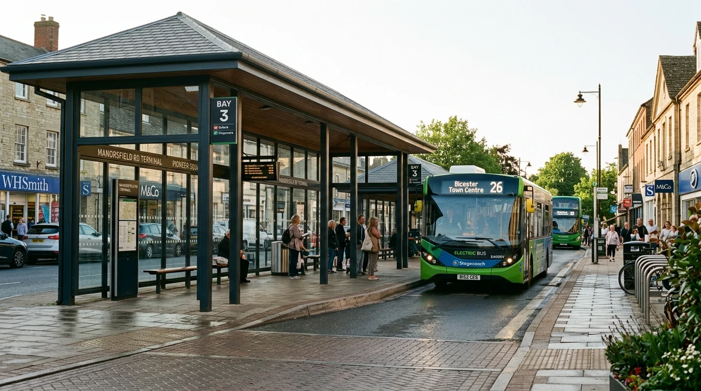 Bus passengers boarding at Pioneer Square sheltered bus stands in Bicester town centre