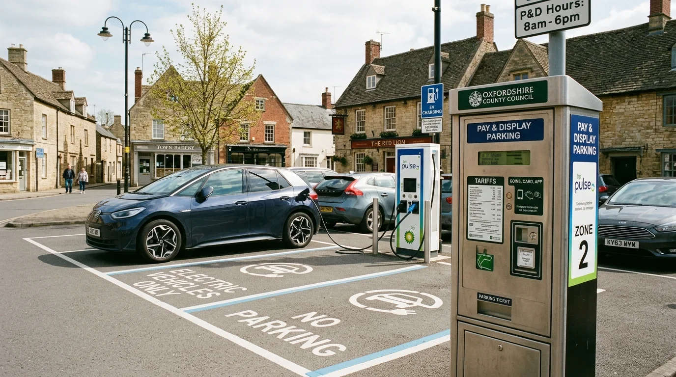 Pay and display parking payment machine and electric vehicle charging bays in a clean Oxfordshire market town car park