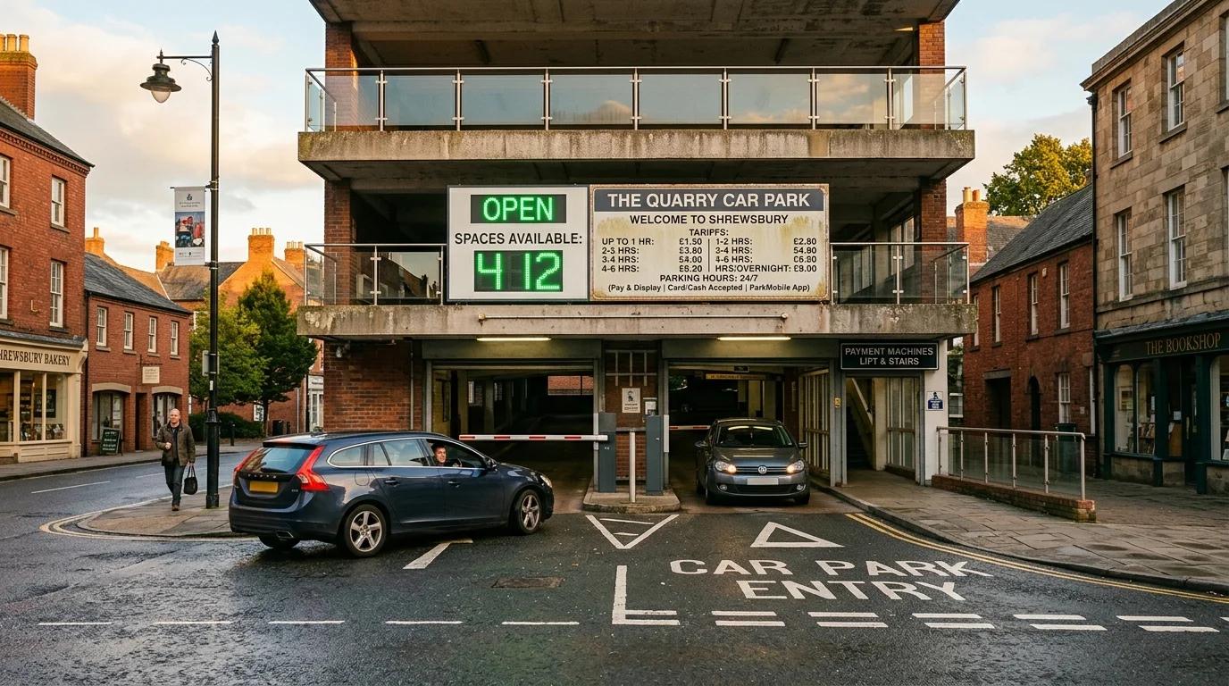 Car park entrance with tariff signage in Bicester town centre