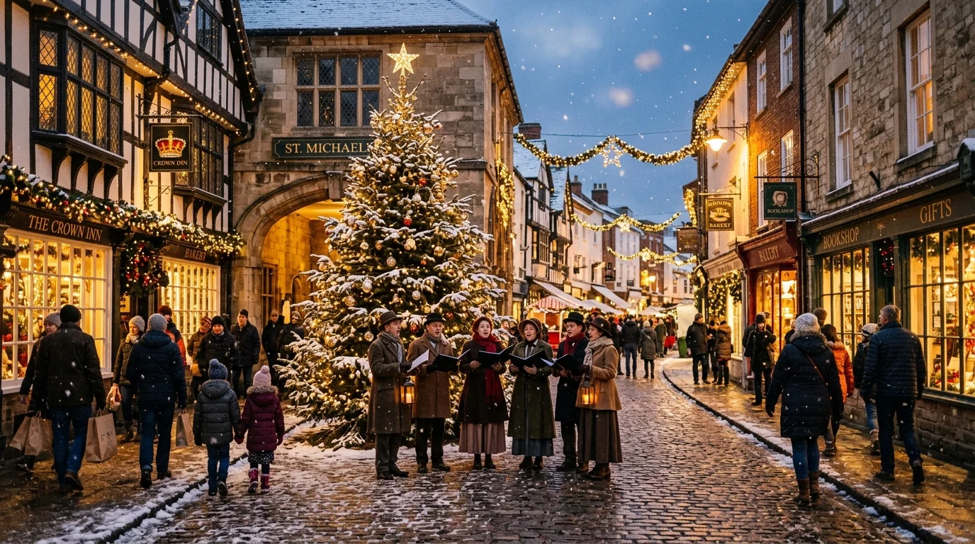 Festive Christmas lights and decorated tree on Sheep Street in Bicester
