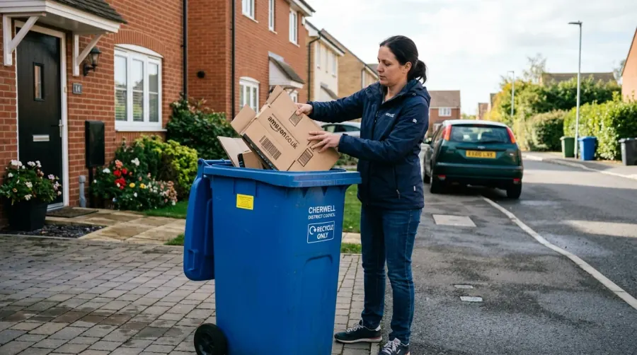 Resident placing recycling materials into a Cherwell District Council blue bin in Bicester