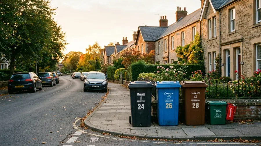 Recycling and refuse bins lined up on collection day on a residential street in Bicester