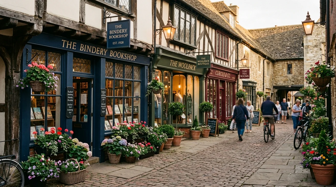 Independent shopfronts and brick paving inside Dean's Court and Crown Walk off Sheep Street