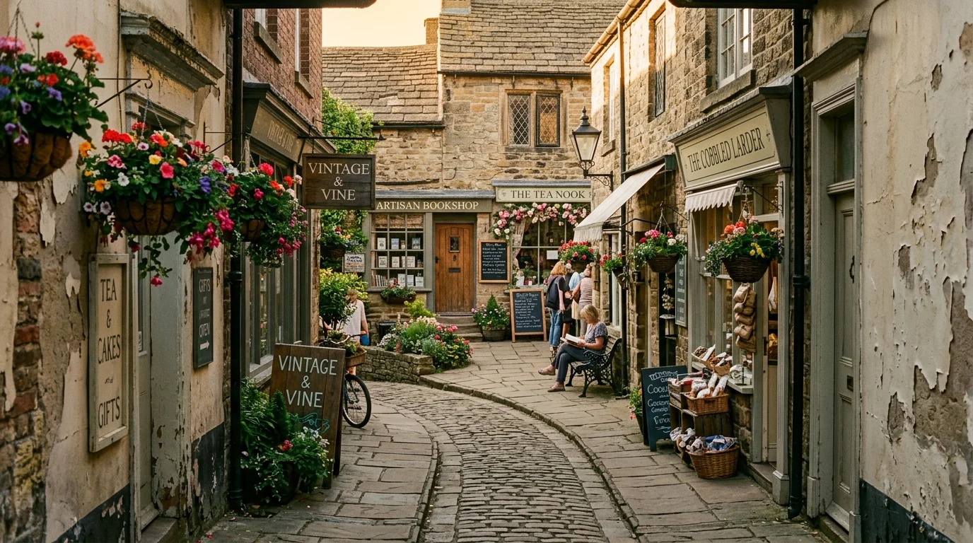 Cobbled passageway leading to Dean's Court, a hidden yard off Sheep Street in Bicester