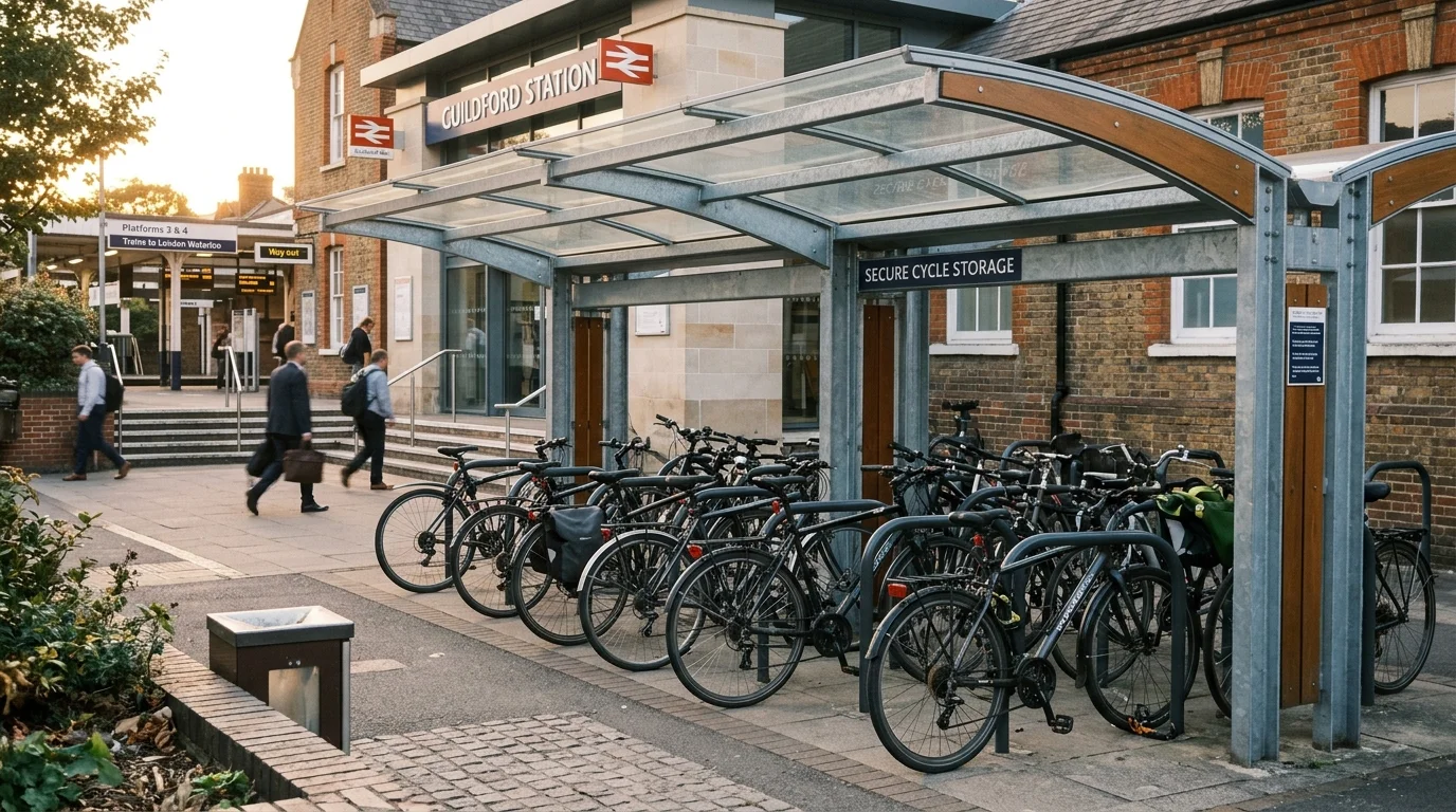 Sheltered bicycle parking stands and cycle storage hub outside an Oxfordshire railway station