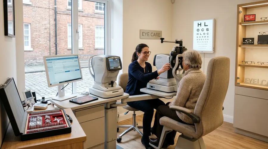 Modern optical consultation room and eye testing equipment in Bicester