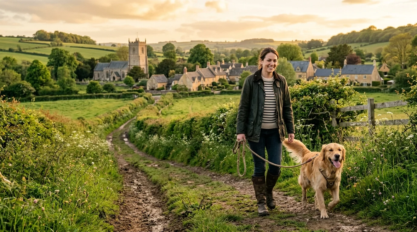 Dog and owner on a country footpath near Bicester with green fields and village in distance
