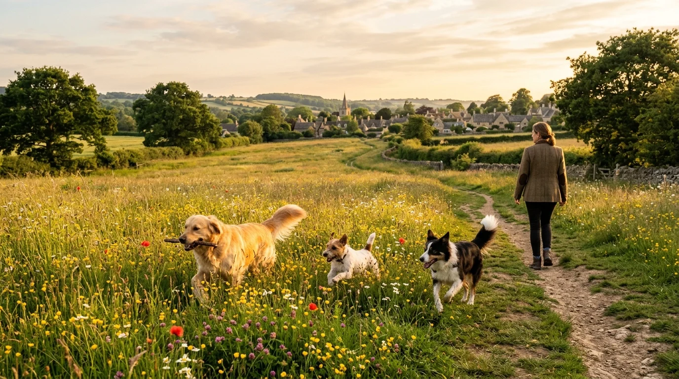 Dogs running off-lead in a meadow on a walking route near Bicester