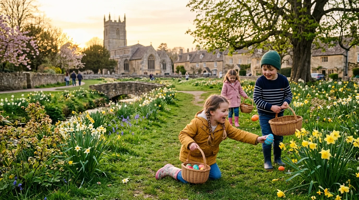 Children on an Easter egg hunt in Garth Park, Bicester, with spring flowers blooming