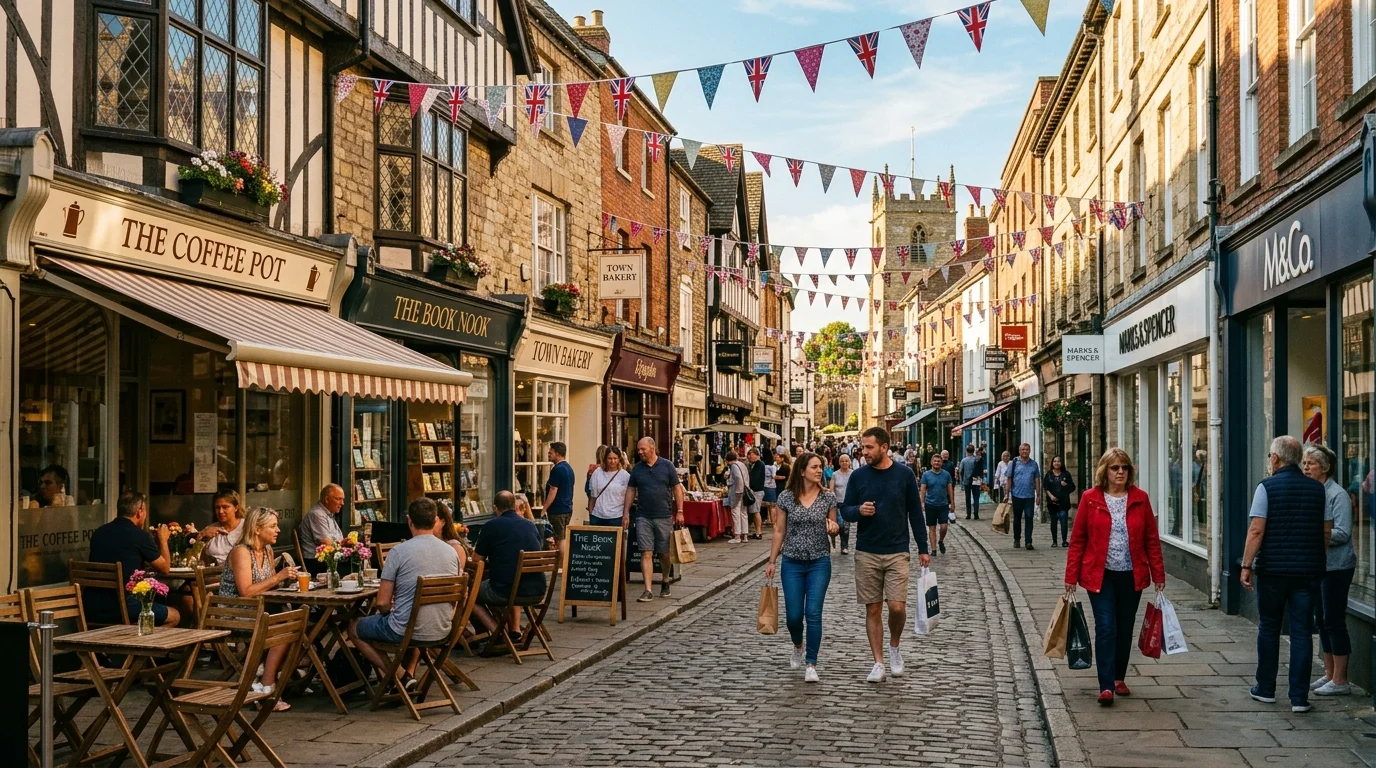 Outdoor cafe seating on a pedestrianised high street near Bicester Village