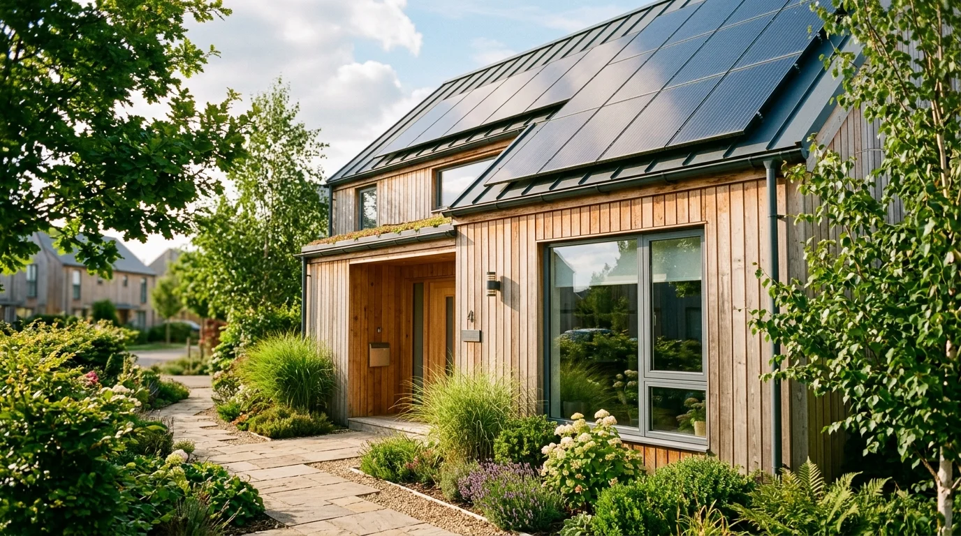 Solar panels, timber cladding, and green open space in the Elmsbrook eco village