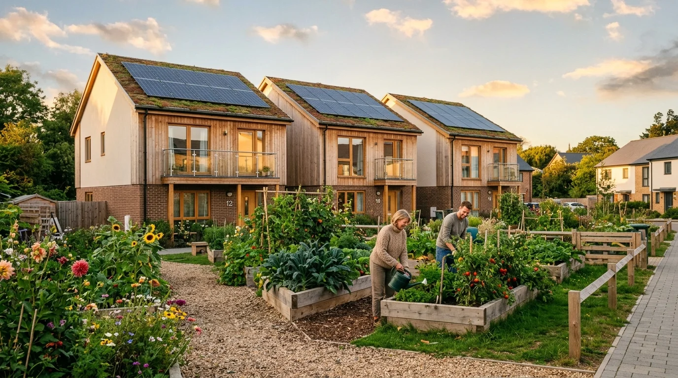 Eco homes with solar panels and community garden at Elmsbrook, Bicester