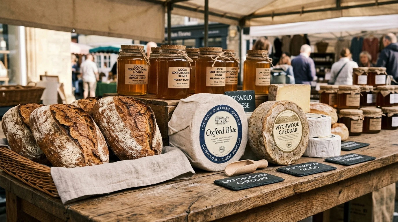 Artisan breads, local cheeses, and fresh seasonal goods at a market stall in Bicester