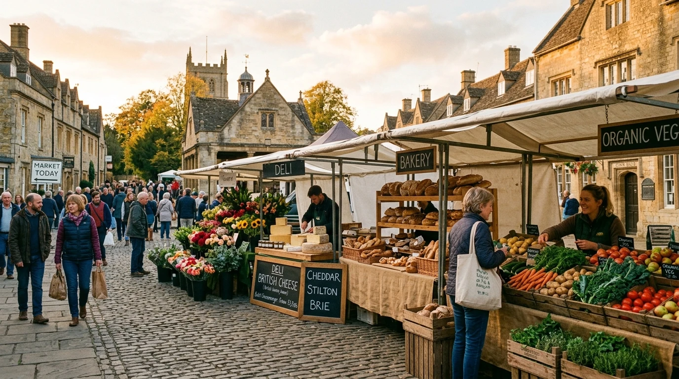 Fresh produce stalls at the monthly farmers market in Market Square, Bicester