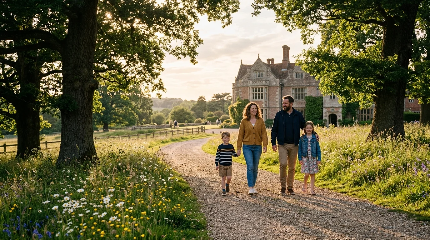 Family walking through a sunlit park in Bicester with wildflowers and mature trees