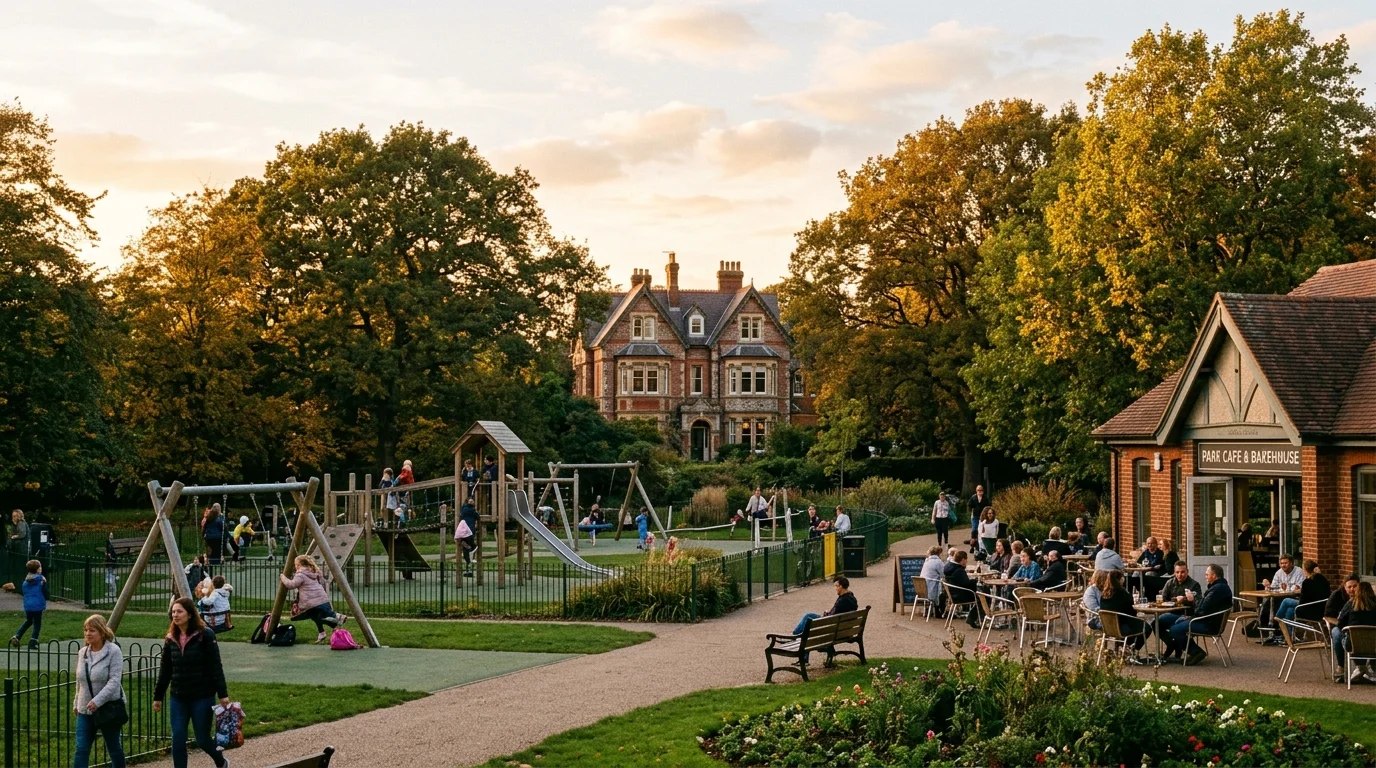 Garth Park in Bicester with Garth House, modern playground and park cafe visible