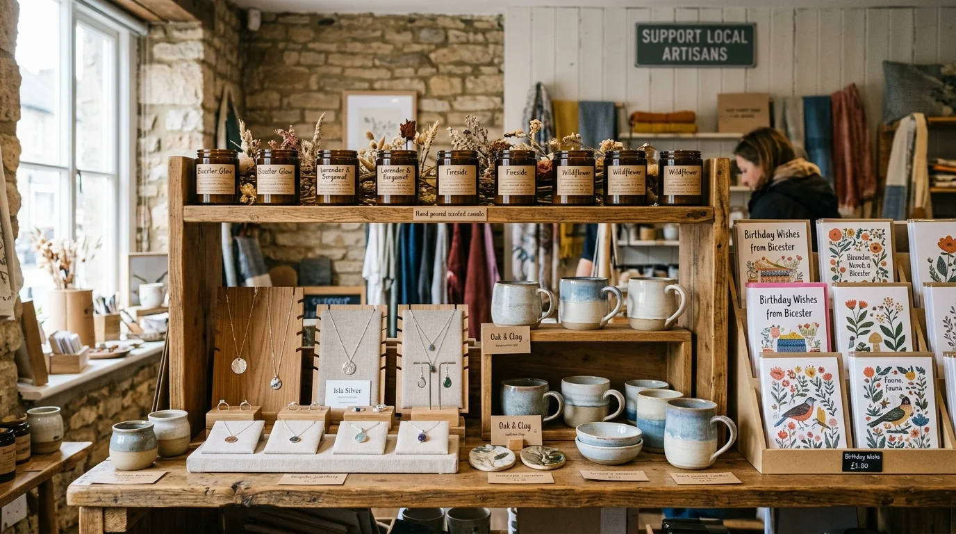Artisan gift display inside an independent Bicester shop with candles, jewellery, and cards