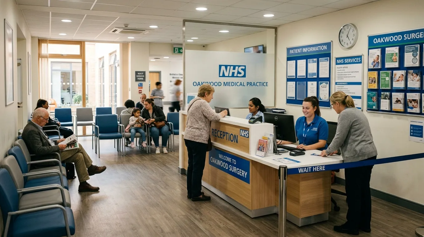 Modern NHS healthcare reception desk and bright waiting area with seating in a British medical practice
