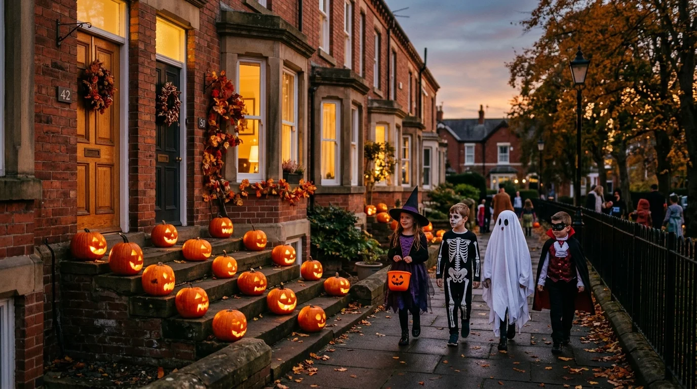 Carved pumpkins glowing on doorsteps along a residential street in Bicester at Halloween